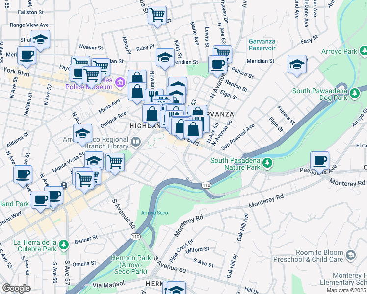 map of restaurants, bars, coffee shops, grocery stores, and more near 117 South Avenue 64 in Los Angeles