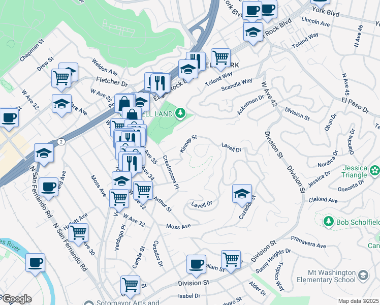 map of restaurants, bars, coffee shops, grocery stores, and more near 2544 El Rosa Drive in Los Angeles