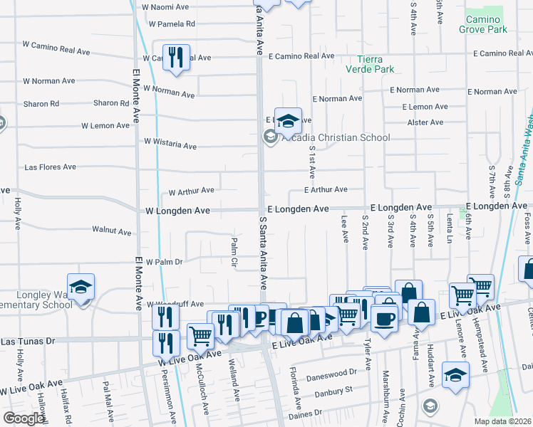 map of restaurants, bars, coffee shops, grocery stores, and more near 2 East Longden Avenue in Arcadia