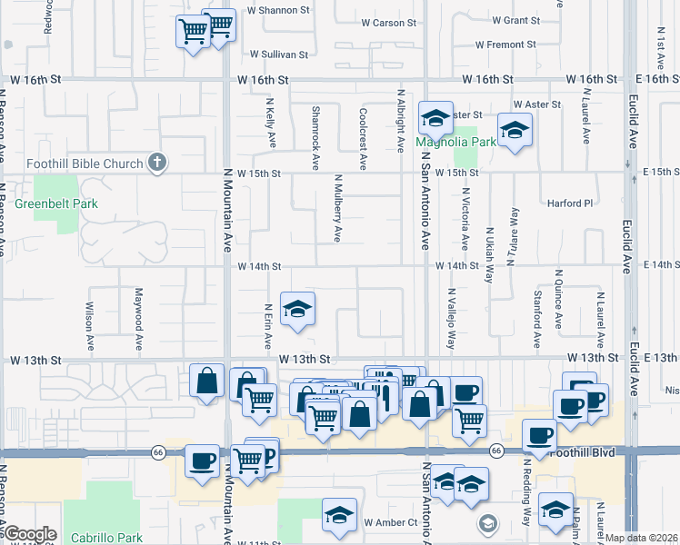 map of restaurants, bars, coffee shops, grocery stores, and more near 953 West 14th Street in Upland