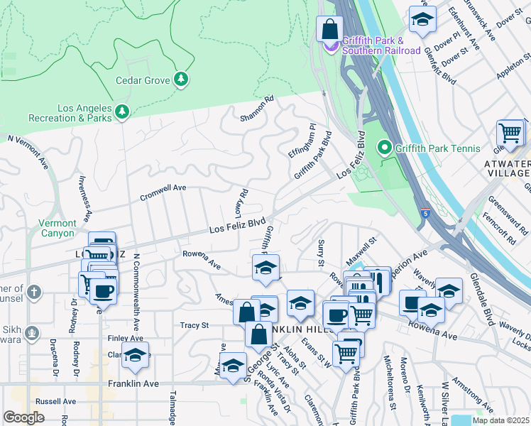 map of restaurants, bars, coffee shops, grocery stores, and more near 3364 Ley Drive in Los Angeles