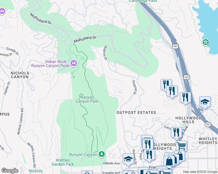 map of restaurants, bars, coffee shops, grocery stores, and more near 2535 Carman Crest Drive in Los Angeles