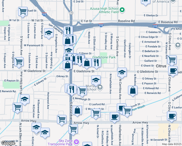 map of restaurants, bars, coffee shops, grocery stores, and more near 360 East Gladstone Street in Azusa