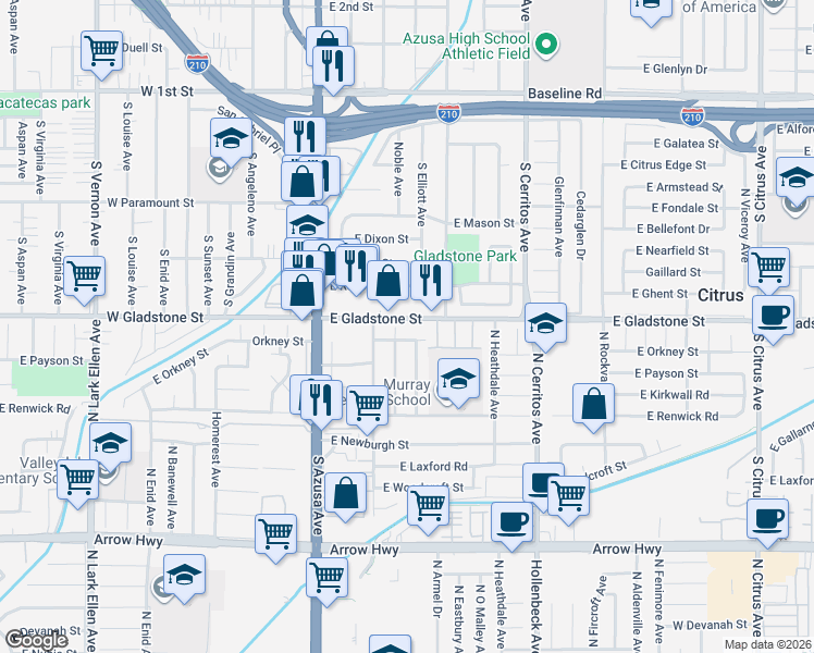 map of restaurants, bars, coffee shops, grocery stores, and more near 327 East Gladstone Street in Azusa