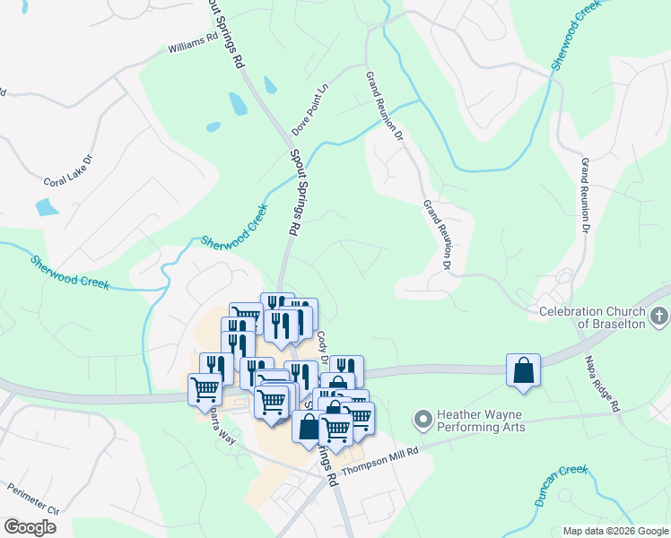 map of restaurants, bars, coffee shops, grocery stores, and more near 7285 Spout Springs Road in Flowery Branch