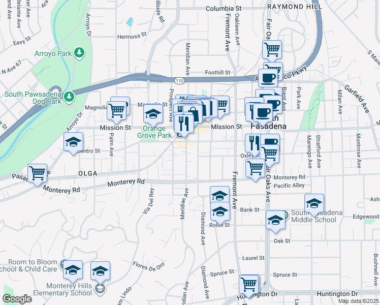 map of restaurants, bars, coffee shops, grocery stores, and more near 1003 Diamond Avenue in South Pasadena