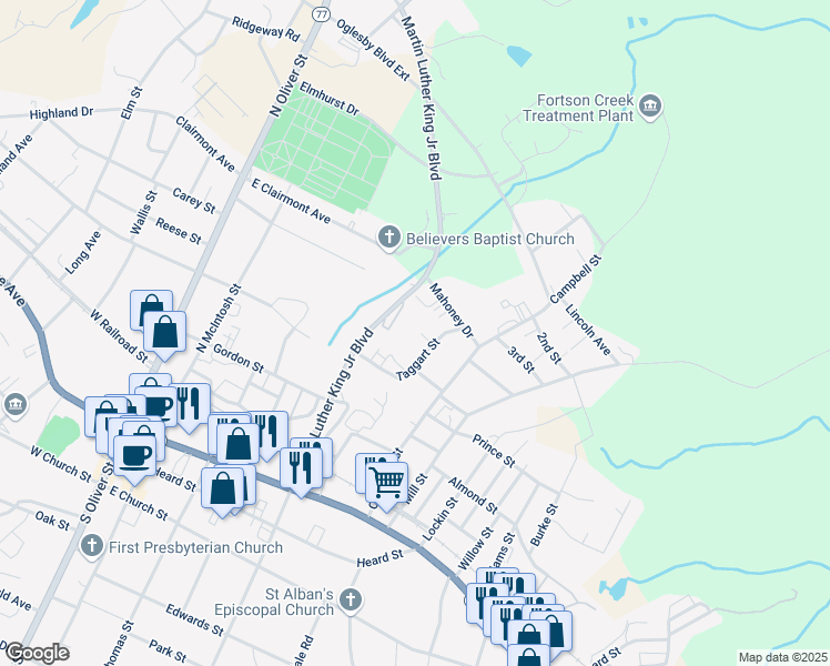 map of restaurants, bars, coffee shops, grocery stores, and more near 344 Martin Luther King Junior Boulevard in Elberton