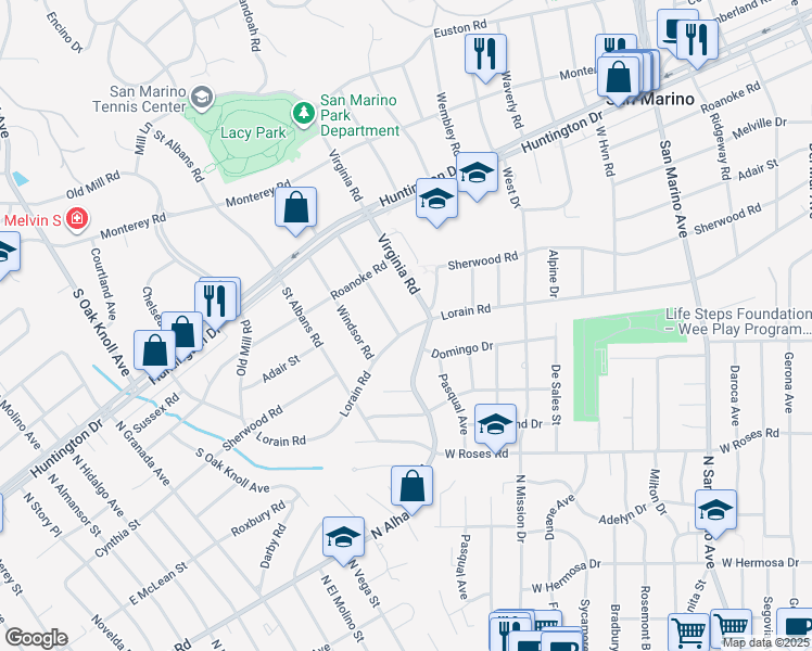 map of restaurants, bars, coffee shops, grocery stores, and more near 1908 Warwick Road in San Marino