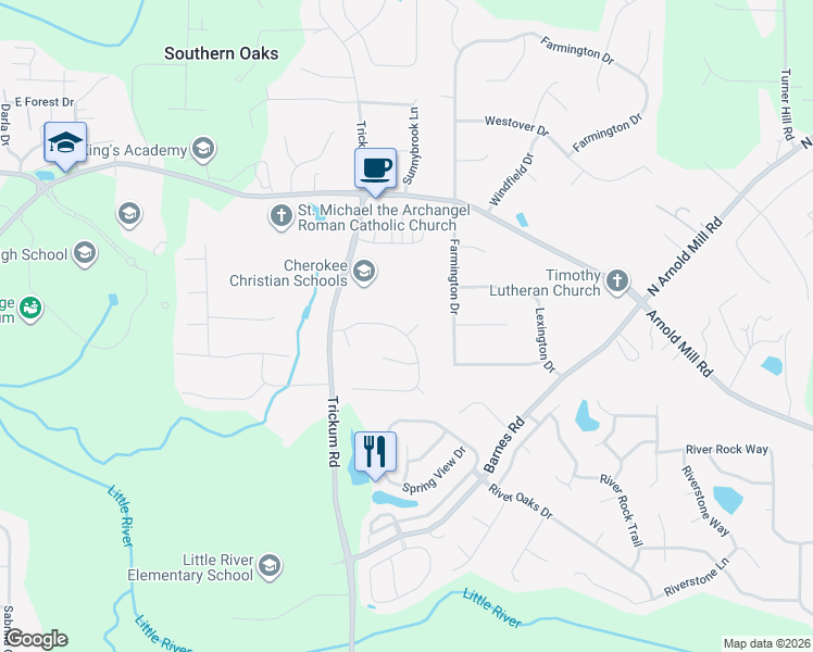 map of restaurants, bars, coffee shops, grocery stores, and more near 301 Stillwater Cove in Woodstock