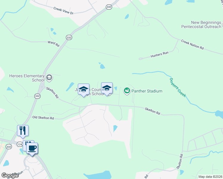 map of restaurants, bars, coffee shops, grocery stores, and more near 4115 Georgia 332 in Hoschton