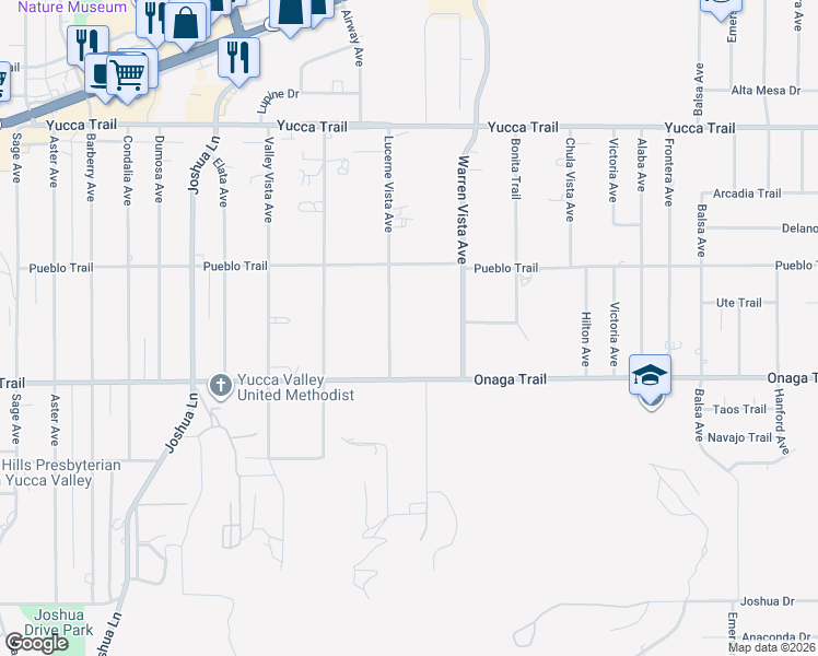 map of restaurants, bars, coffee shops, grocery stores, and more near 7607 Lucerne Vista Avenue in Yucca Valley
