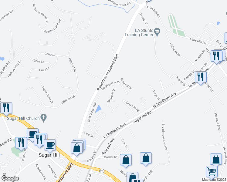 map of restaurants, bars, coffee shops, grocery stores, and more near 4976 Briarcliff Drive in Buford