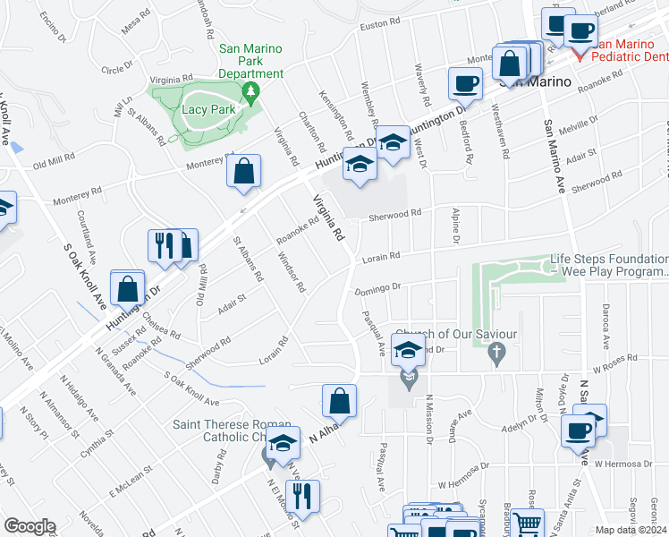 map of restaurants, bars, coffee shops, grocery stores, and more near 1908 Warwick Road in San Marino