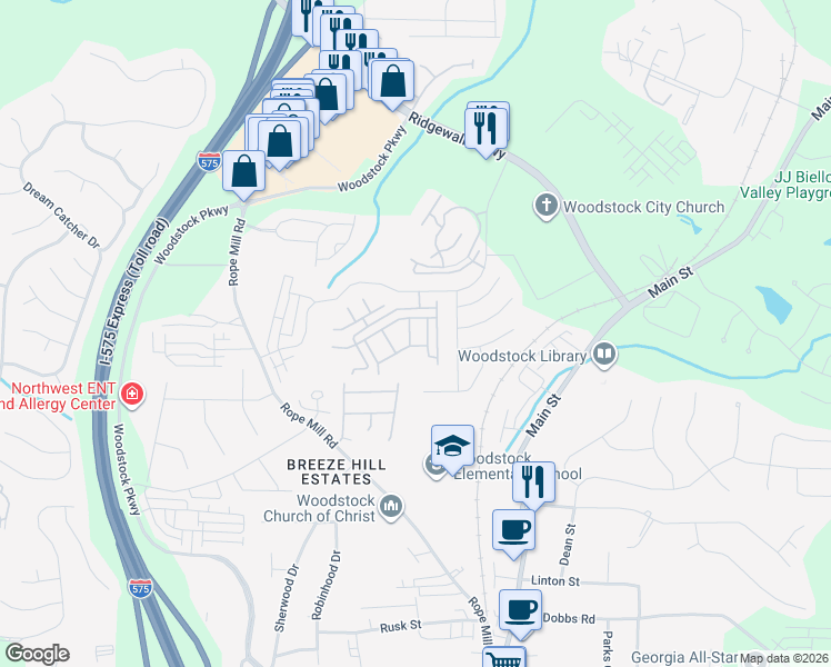 map of restaurants, bars, coffee shops, grocery stores, and more near 513 Blossom Way in Woodstock