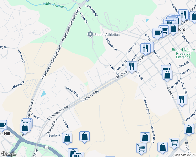 map of restaurants, bars, coffee shops, grocery stores, and more near 50 Woodland St in Buford