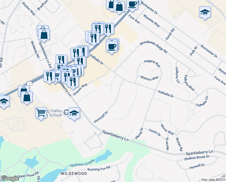 map of restaurants, bars, coffee shops, grocery stores, and more near 209 Woodlands Village Drive in Columbia