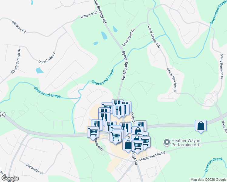 map of restaurants, bars, coffee shops, grocery stores, and more near 7282 Spout Springs Road in Flowery Branch