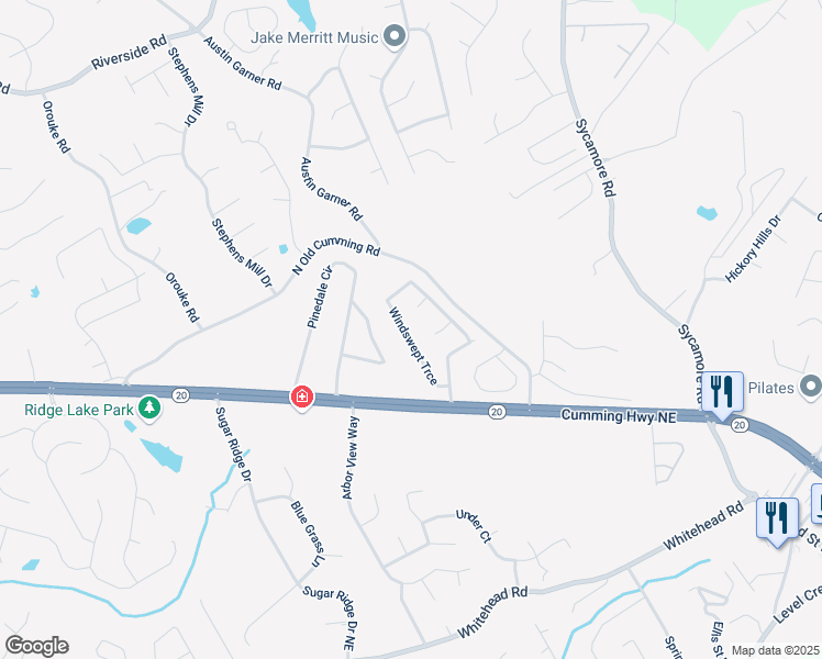 map of restaurants, bars, coffee shops, grocery stores, and more near 5470 Windswept Trace in Sugar Hill