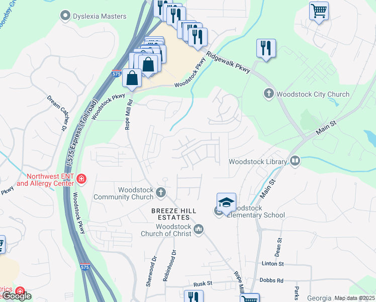 map of restaurants, bars, coffee shops, grocery stores, and more near 809 Society Court in Woodstock