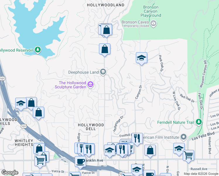 map of restaurants, bars, coffee shops, grocery stores, and more near 2429 Cheremoya Avenue in Los Angeles