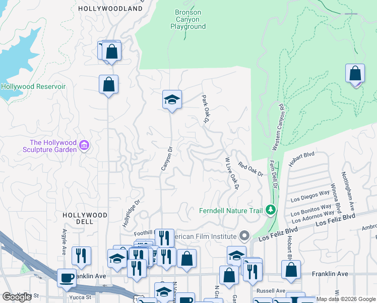 map of restaurants, bars, coffee shops, grocery stores, and more near 5659 Tuxedo Terrace in Los Angeles
