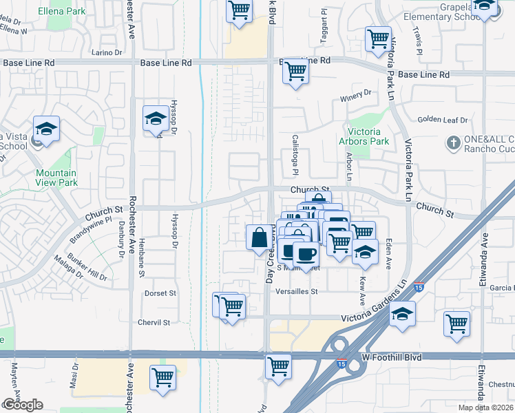 map of restaurants, bars, coffee shops, grocery stores, and more near 12267 Chantrelle Drive in Rancho Cucamonga