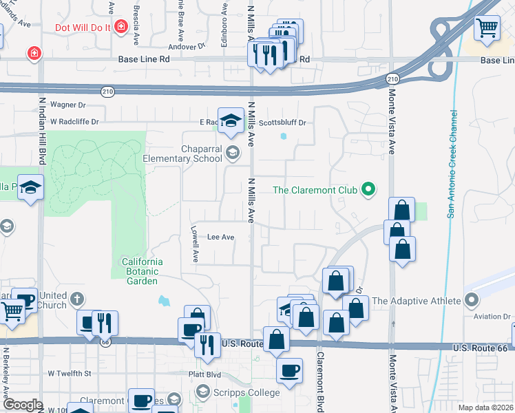 map of restaurants, bars, coffee shops, grocery stores, and more near 1690 North Mills Avenue in Claremont