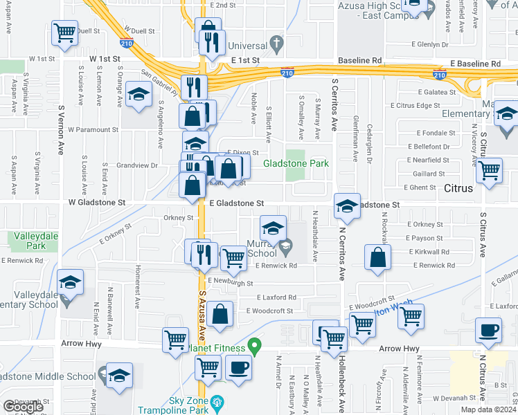map of restaurants, bars, coffee shops, grocery stores, and more near 327 East Gladstone Street in Azusa