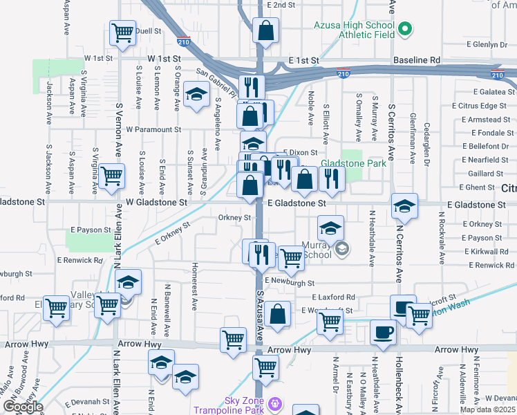 map of restaurants, bars, coffee shops, grocery stores, and more near 125 East Gladstone Street in Azusa