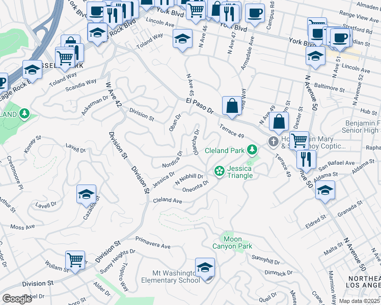 map of restaurants, bars, coffee shops, grocery stores, and more near 1022 Nordica Drive in Los Angeles