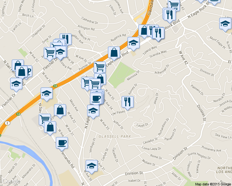 map of restaurants, bars, coffee shops, grocery stores, and more near 2645 Crestmoore Place in Los Angeles