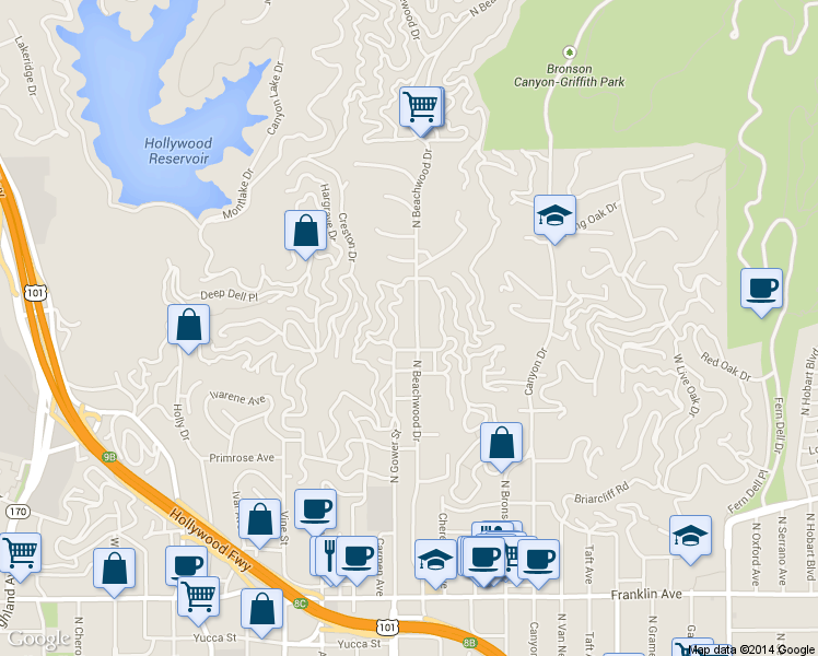map of restaurants, bars, coffee shops, grocery stores, and more near 2447 North Beachwood Drive in Los Angeles