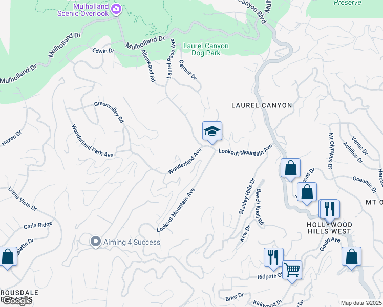 map of restaurants, bars, coffee shops, grocery stores, and more near 8569 Wonderland Avenue in West Hollywood