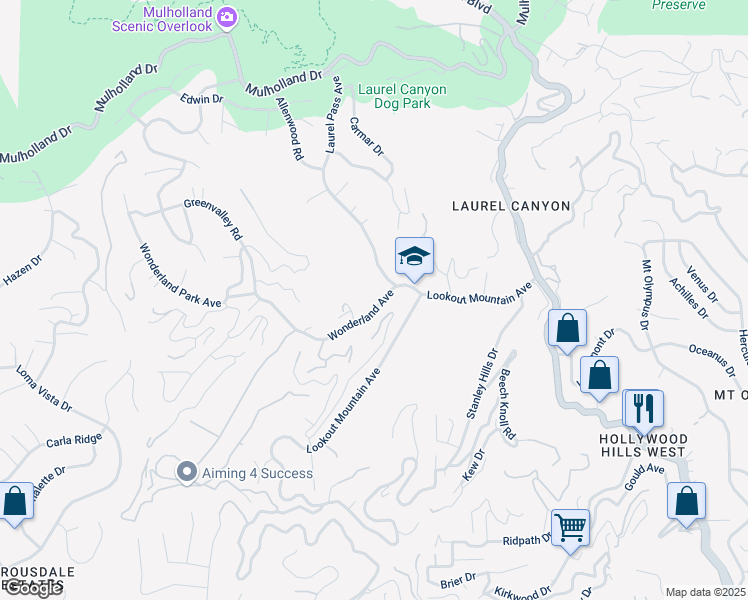 map of restaurants, bars, coffee shops, grocery stores, and more near 8569 Wonderland Avenue in West Hollywood