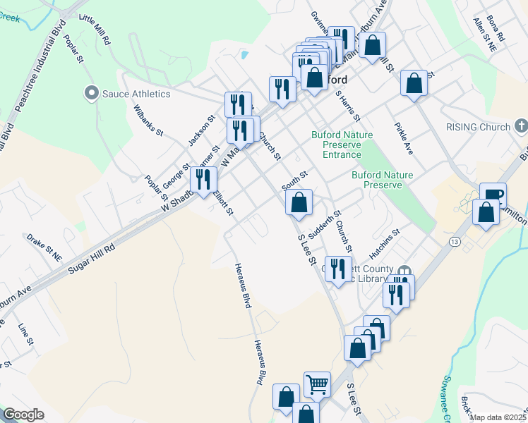 map of restaurants, bars, coffee shops, grocery stores, and more near 380 South Street in Buford