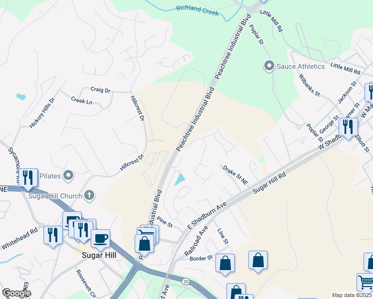map of restaurants, bars, coffee shops, grocery stores, and more near 1537 Maplecliff Way in Sugar Hill