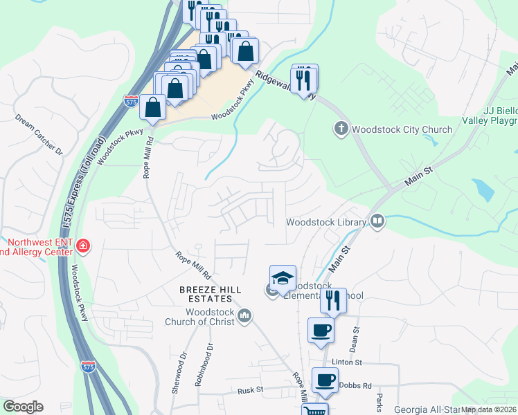 map of restaurants, bars, coffee shops, grocery stores, and more near 513 Blossom Way in Woodstock