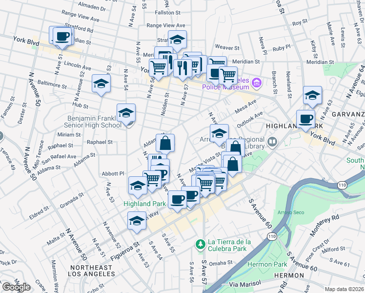 map of restaurants, bars, coffee shops, grocery stores, and more near 376 North Avenue 57 in Los Angeles