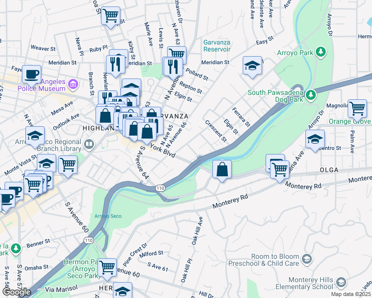 map of restaurants, bars, coffee shops, grocery stores, and more near 130 San Pascual Avenue in Los Angeles