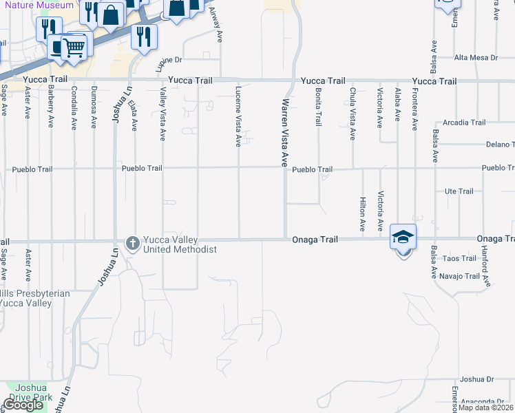 map of restaurants, bars, coffee shops, grocery stores, and more near 7607 Lucerne Vista Avenue in Yucca Valley