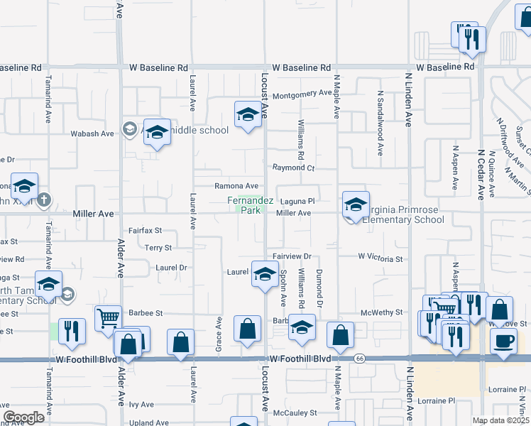 map of restaurants, bars, coffee shops, grocery stores, and more near Locust Avenue in Fontana