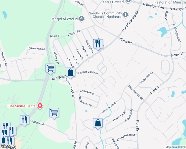 map of restaurants, bars, coffee shops, grocery stores, and more near 205 Summer Park Road in Columbia