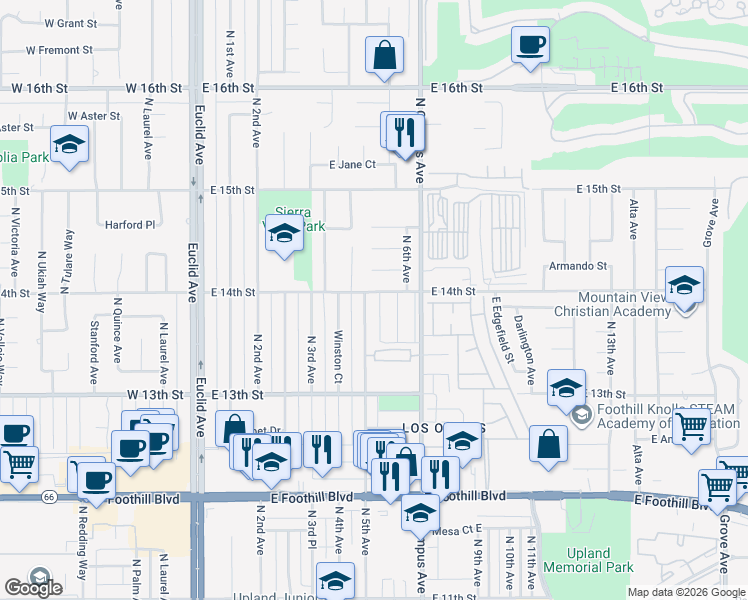 map of restaurants, bars, coffee shops, grocery stores, and more near 1394 North 5th Avenue in Upland