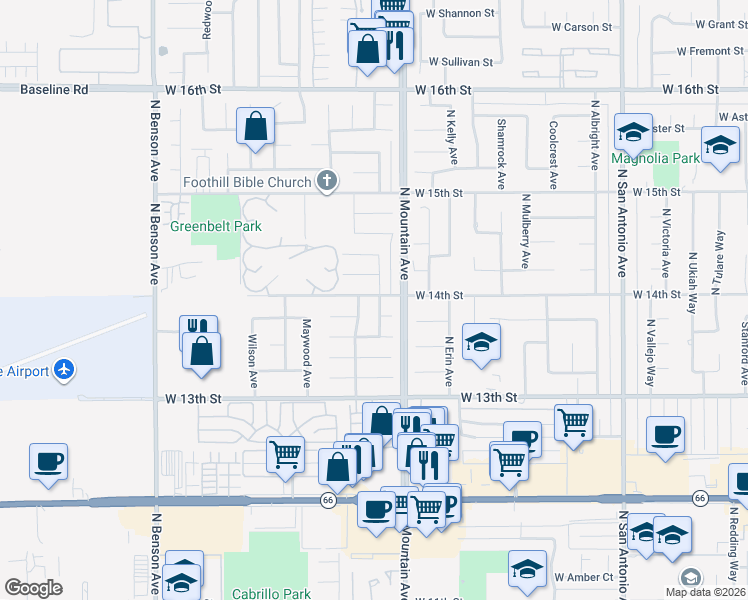 map of restaurants, bars, coffee shops, grocery stores, and more near 1397 Palomino Avenue in Upland
