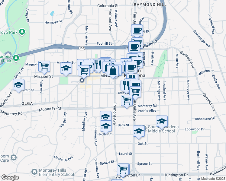 map of restaurants, bars, coffee shops, grocery stores, and more near 1017 Fremont Avenue in South Pasadena