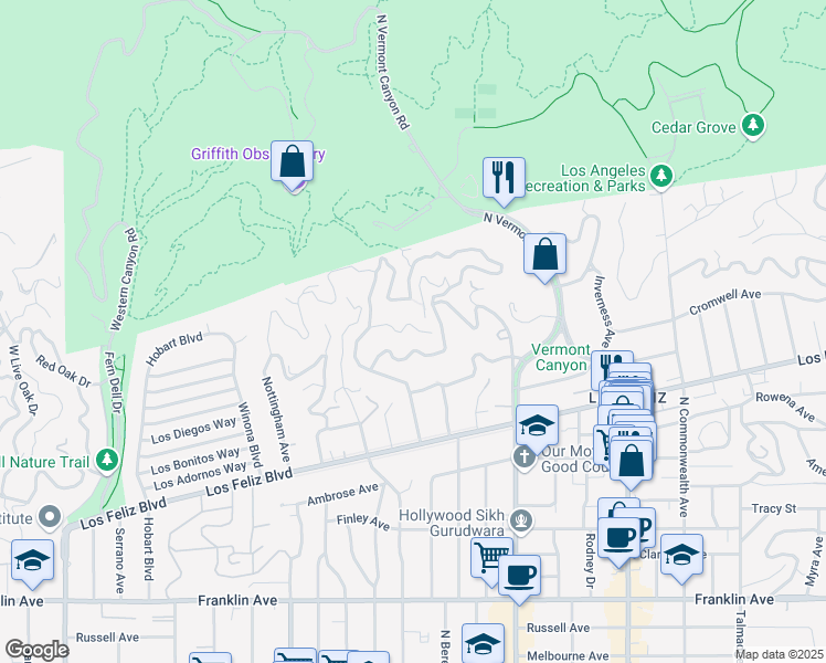 map of restaurants, bars, coffee shops, grocery stores, and more near 4840 Glencairn Road in Los Angeles