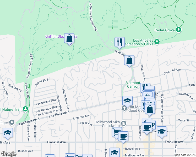 map of restaurants, bars, coffee shops, grocery stores, and more near 4840 Glencairn Road in Los Angeles