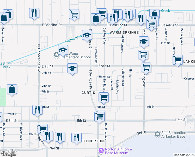 map of restaurants, bars, coffee shops, grocery stores, and more near Union Street in San Bernardino