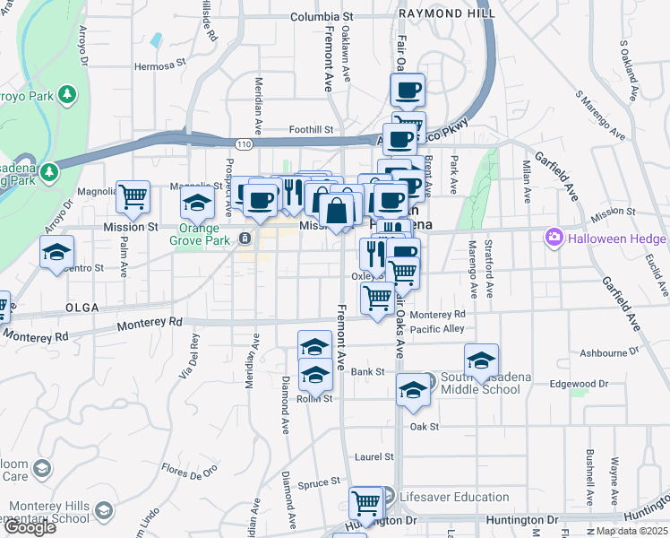 map of restaurants, bars, coffee shops, grocery stores, and more near 1017 Fremont Avenue in South Pasadena