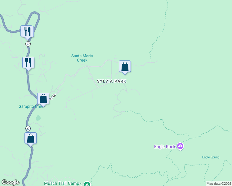 map of restaurants, bars, coffee shops, grocery stores, and more near 1557 Penny Road in Topanga